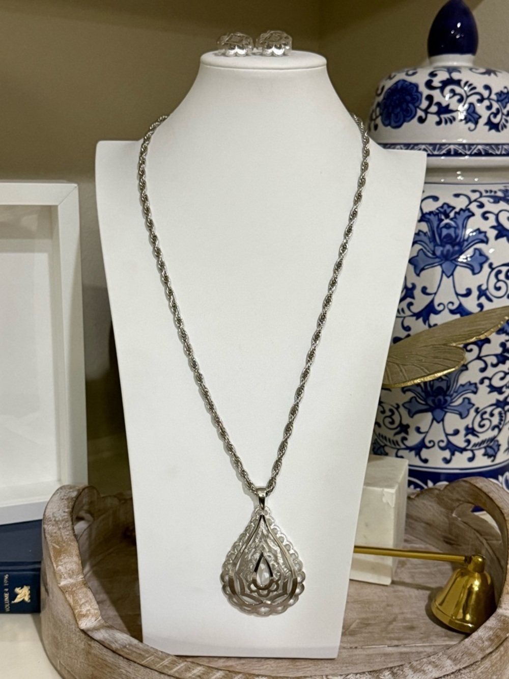 Vintage Crown Trifari Large Pendant Necklace and Matching Clip On Earrings